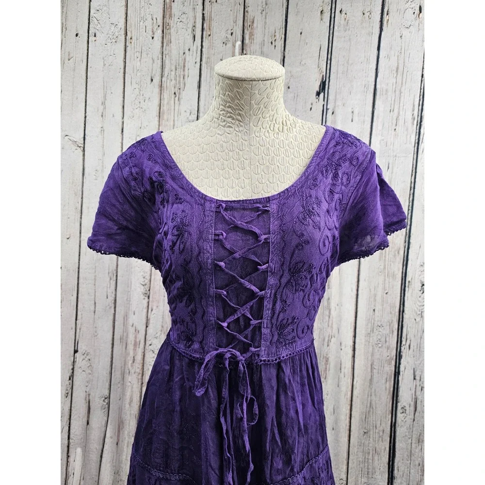 Whimsigoth witch Dress Womens Free Size Purple Embroidered Lace Up Boho Midi new